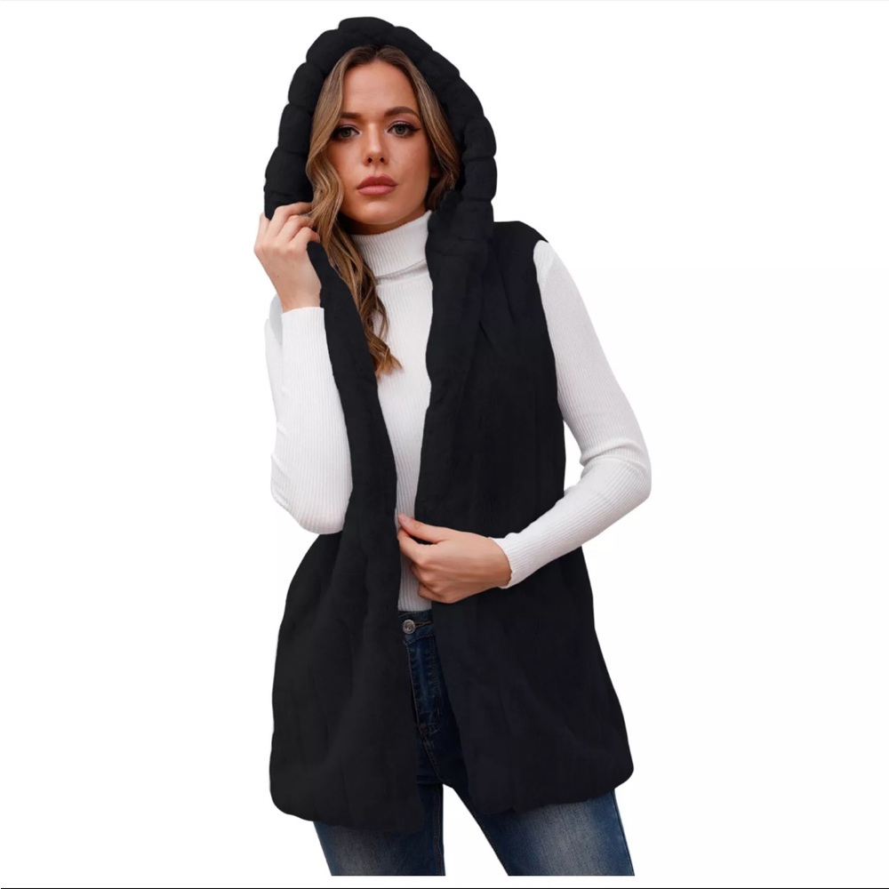 Favlux Hooded Faux Fur Vest, Black (S) with Pockets!
